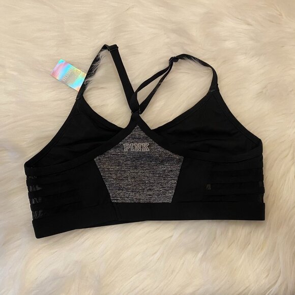Victoria Secret Pink Ultimate Unlined Strappy Sports Bra Size Medium Gray Black - Picture 2 of 4
